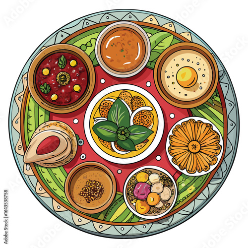 A colorful hand drawn illustration of a traditional indian thali meal featuring various dishes and accompaniments