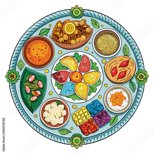 Vibrant indian thali meal featuring diverse dishes and colorful desserts arranged artfully on a decorative plate