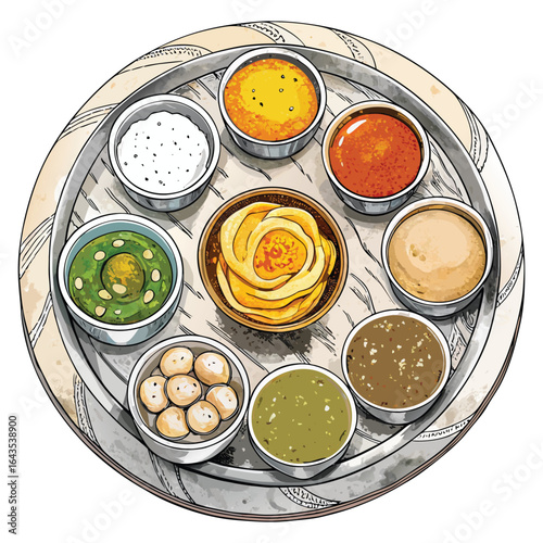 A colorful and artistic illustration of a traditional indian thali meal featuring various dips and breads arranged on a platter
