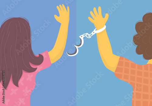Vector illustration of two people breaking free from handcuffs, symbolizing freedom, liberation, and human rights. Flat design with bright colors, perfect for social campaigns and awareness projects.