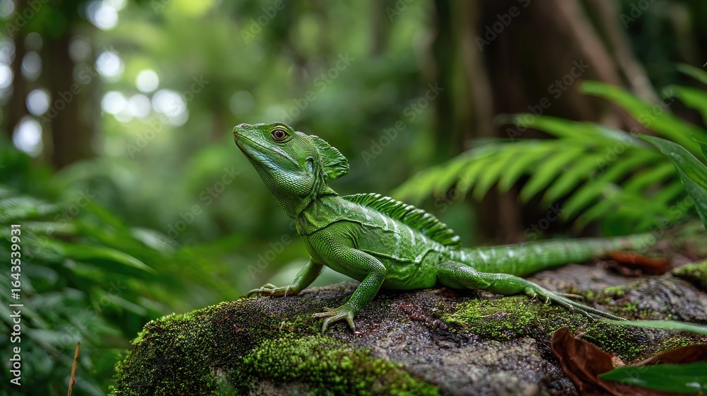 A vibrant green basilisk lizard standing upright on a moss-covered rock in the heart of a dense tropical rainforest A vibrant green basilisk lizard standing upright on a moss-covered rock in the heart of a dense tropical rainforest