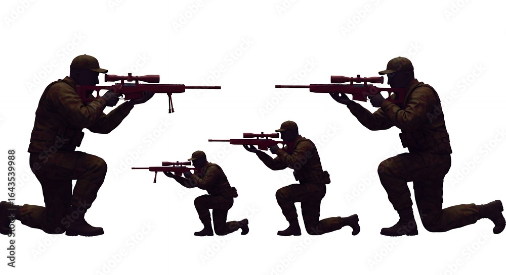 Naklejka premium Military personnel silhouette sniper aiming positions