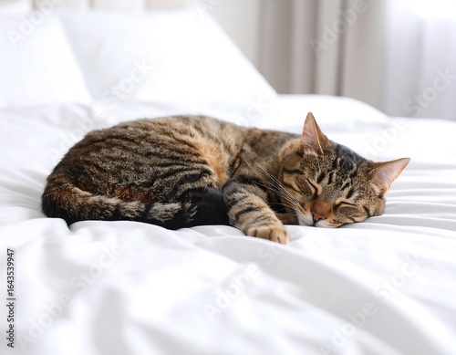 Wallpaper Mural A tabby cat sleeps peacefully on a white bed Torontodigital.ca