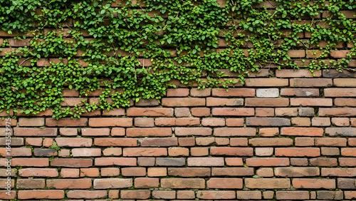 Abstract background of a grunge red brick wall with a layer of leafy green vines on top. The image is ideal for themes of history, urban nature, and traditional architecture.

