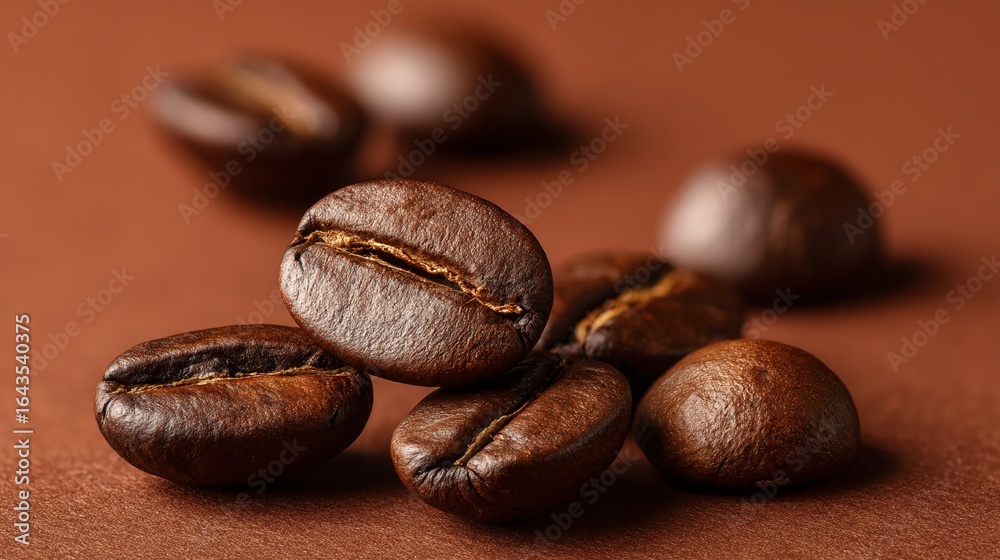 Fototapeta premium Dark roasted coffee beans scattered on a textured surface showcasing their rich color and distinct shape