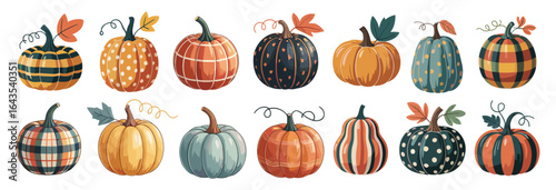 Colorful hand-drawn vector illustration of decorative pumpkins with various patterns, perfect for autumn, Halloween, Thanksgiving designs, and seasonal fall decorations.