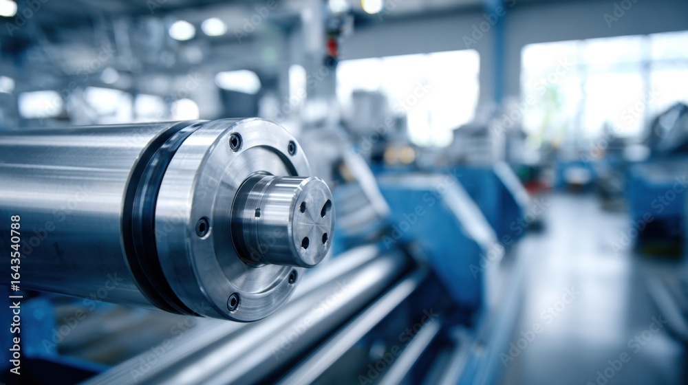 Fototapeta premium Close-up of a large industrial metal rolling machine in a modern manufacturing facility with bright lighting and organized workspace
