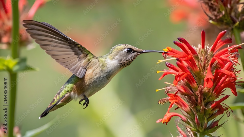 Fototapeta premium Hummingbird feeding on vibrant red bee balm flower