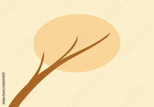Minimalist autumn illustration featuring a brown tree branch with a warm golden sun on a soft beige background