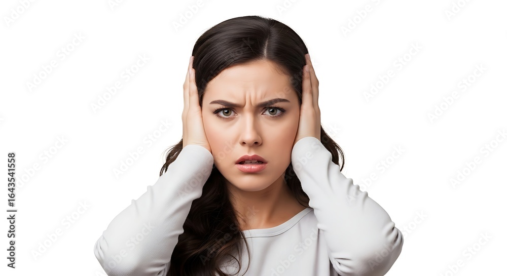 A young woman with dark hair covers her ears with her hands, expressing frustration and annoyance against a white background. A young woman with dark hair covers her ears with her hands, expressing frustration and annoyance against a white background.