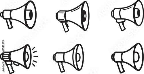 Six Black Outline Megaphone Icons with Sound Waves on White Background bullhorn announcement
