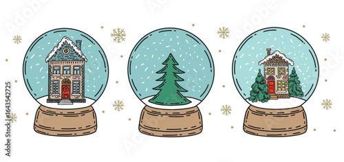 Christmas snow globe with toy, Hand drawn illustration.	
