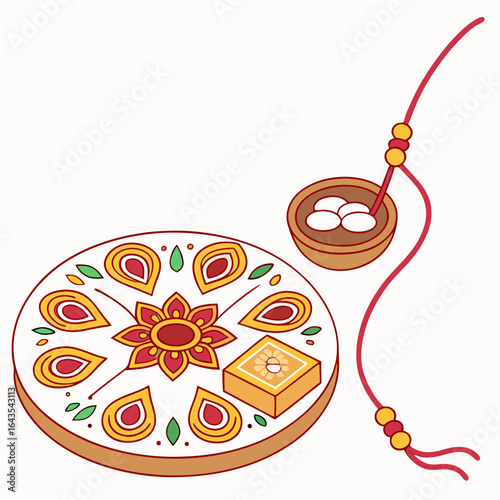 A colorful illustration of a raksha bandhan thali with a rakhi sweets and decorative elements symbolizing the bond between siblings during this auspicious indian festival