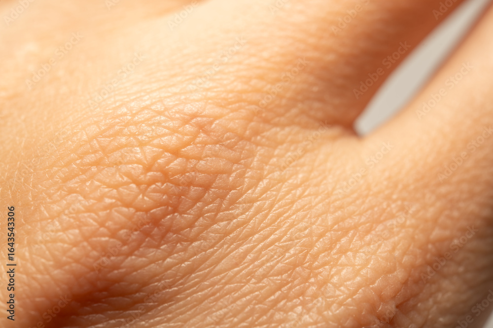 Fototapeta premium Macro close-up of dry human skin texture on the back of a hand, showing fine lines and patterns