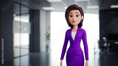 3d cartoon animation of a friendly businesswoman character presenting in a modern office
