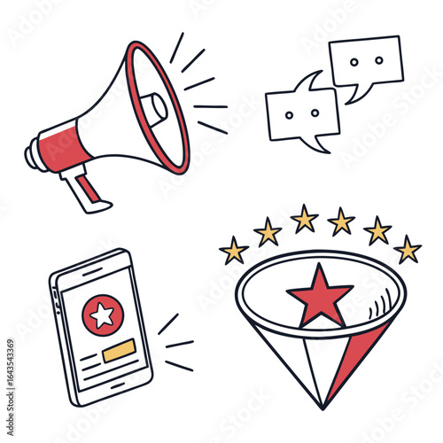 Collection of hand drawn icons representing communication customer feedback and recognition with a megaphone speech bubbles smartphone and star rating