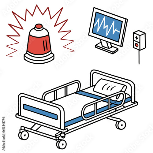 Hospital emergency scene with a patient bed vital signs monitor and an illuminated alarm siren indicating a critical situation