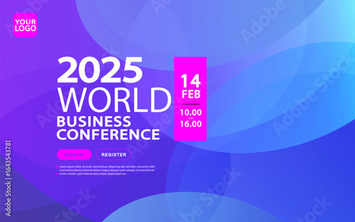 A modern and professional template for a world business conference. Its design features fluid abstract shapes in calming blue and purple gradient, perfect for event promotion ,corporate announcement.