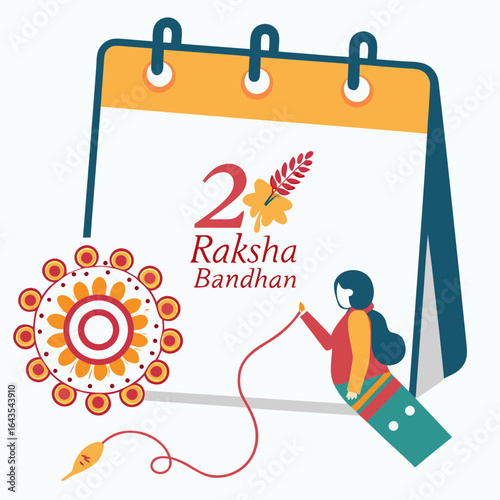 Illustration of a girl tying a rakhi on her brother s wrist in front of a calendar marking raksha bandhan festival