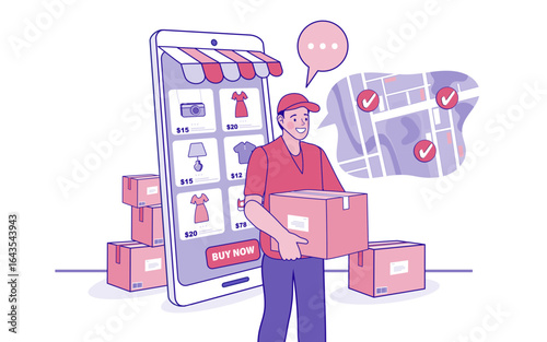 A cheerful courier stands with a box, ready to deliver. The illustration highlights a mobile shopping app and a delivery map, perfectly capturing the fast and friendly service of e-commerce delivery.
