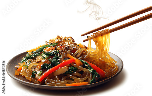 Delicious Japchae Glass Noodles with Colorful Vegetables and Sesame Seeds