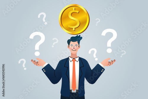 Facing financial questions. this illustration captures the confusion of business problems, investment decisions, or financial planning. a perfect visual for blogs and articles on finding solutions.