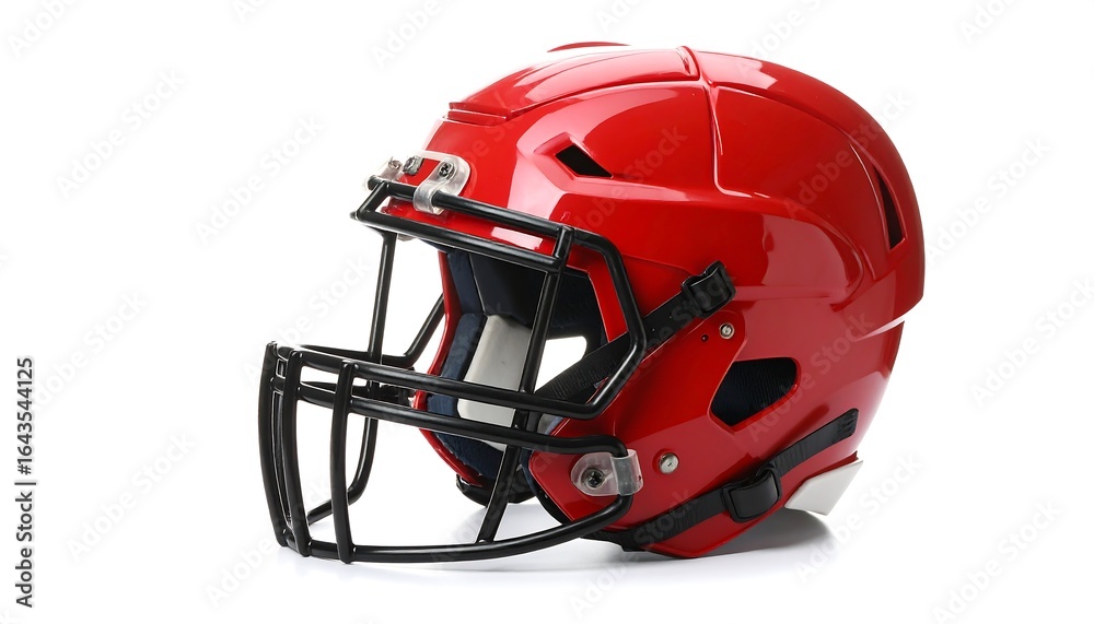 Fototapeta premium Vivid red football helmet with black mask against bright white backdrop