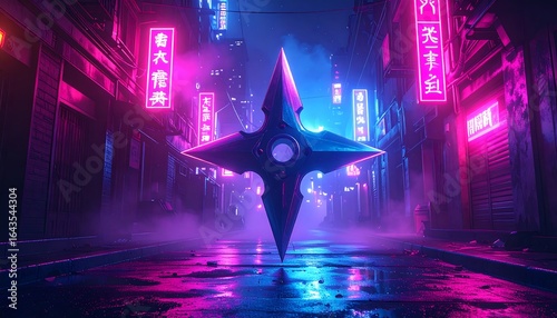 Futuristic ninja star in a vibrant neon alleyway