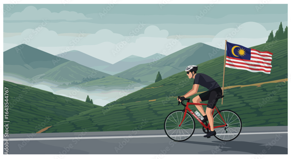 Fototapeta premium A cyclist rides along a scenic mountain road with the Malaysian flag displayed on the roadside.