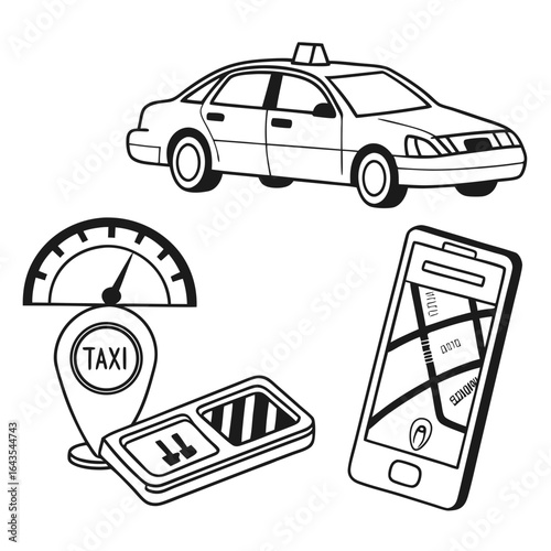 Collection of line art icons representing taxi services including a car gps pin speed dial smartphone with map and payment device