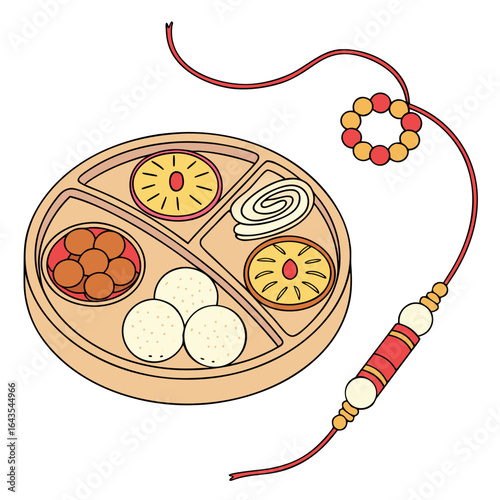 A traditional indian raksha bandhan celebration display featuring a wooden thali filled with assorted sweets and a rakhi bracelet symbolizing sibling love and protection