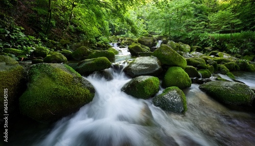 a tranquil scene of water flowing gently over smooth stones surrounded by lush green leaves evoking a sense of peace and connection with nature