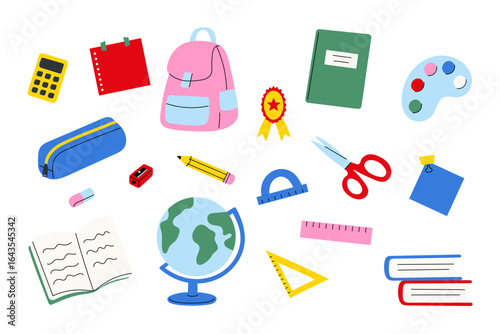 Colorful school supplies icons set. Flat vector illustration. Back to school promotions, classroom posters, children’s books, educational website design