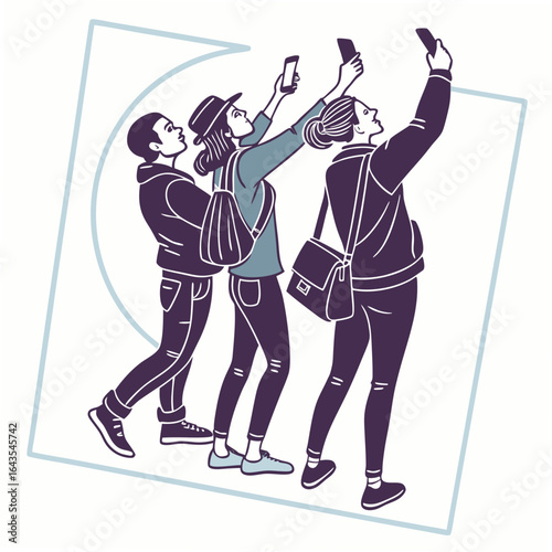 Three young friends captured from the back taking selfies with their smartphones while walking together in a stylized illustration