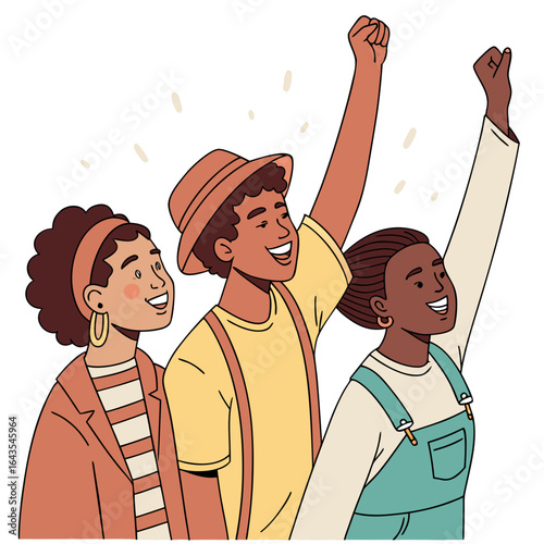 Three diverse young people with arms raised in celebration and solidarity expressing joy and unity with optimistic expressions