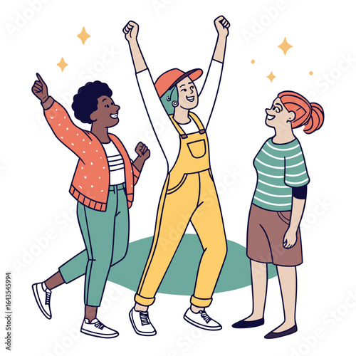 Three diverse young women celebrating together with raised fists and joyful expressions under sparkling stars