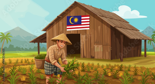 A smiling farmer harvests golden rice in a lush paddy field with a Malaysian flag flying above a wooden barn.