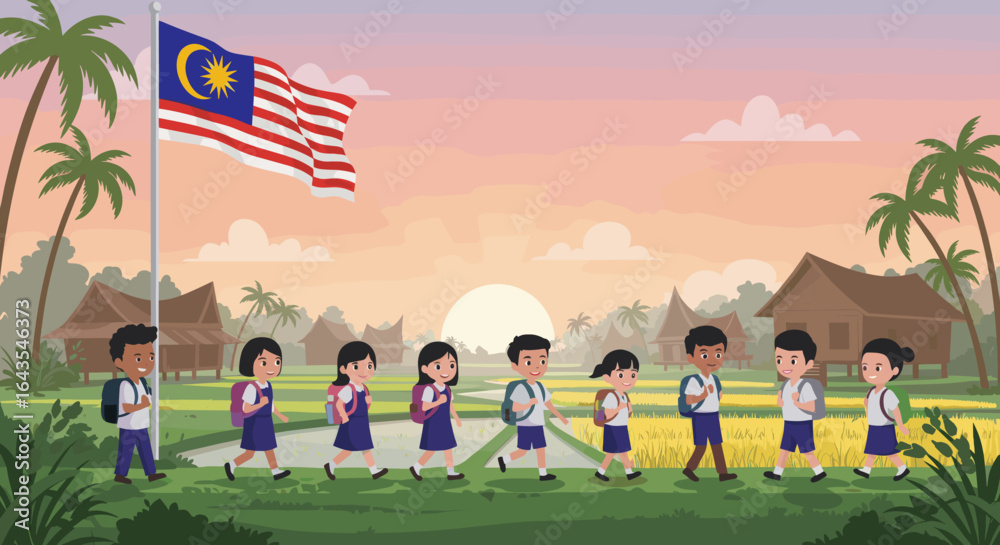 Children in school uniforms march with Malaysian flags during a parade, surrounded by parents and teachers. Children in school uniforms march with Malaysian flags during a parade, surrounded by parents and teachers.