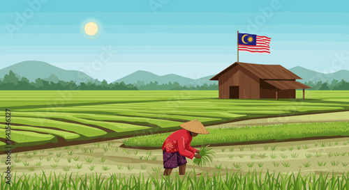 A smiling farmer harvests golden rice in a lush paddy field with a Malaysian flag flying above a wooden barn.