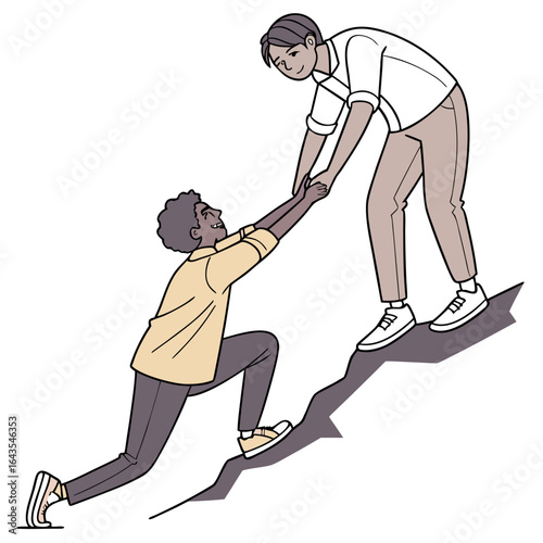 Two diverse men helping each other climb a steep incline symbolizing teamwork support and overcoming challenges together with positive expressions