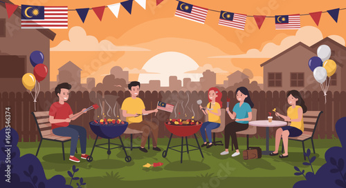 A group of friends enjoys a barbecue in a backyard decorated with Malaysian flags, balloons, and festive lights.