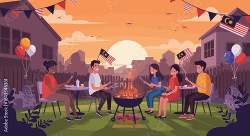 A group of friends enjoys a barbecue in a backyard decorated with Malaysian flags, balloons, and festive lights.