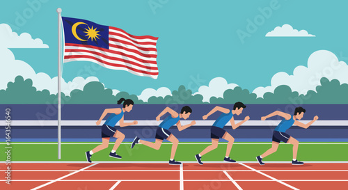 Six athletes sprint on a track during a race with Malaysian flags waving in the background.