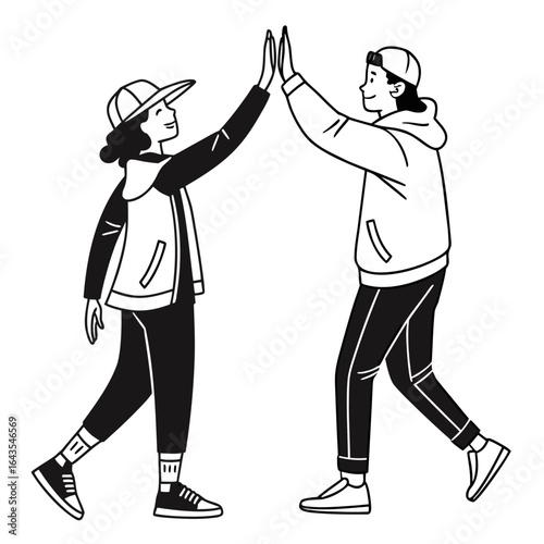 Two friends in casual clothing and baseball caps give each other a high five while walking celebrating success and teamwork in a simple line art illustration