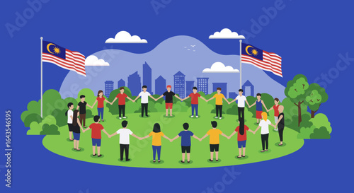 People of different backgrounds hold hands in a large circle on grass with Malaysian flags in the background.