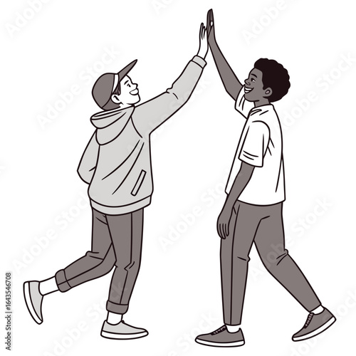 Two happy diverse young boys giving each other a high five gesture of success and friendship while walking together outdoors isolated on white background
