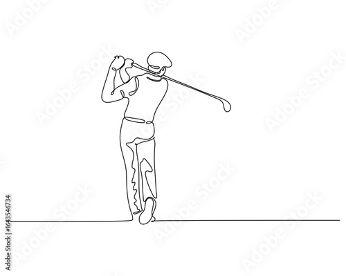 One line art of a golfer finishing swing pose. Minimal vector sketch of golf athlete from behind. Elegant and modern sports line drawing for design use.