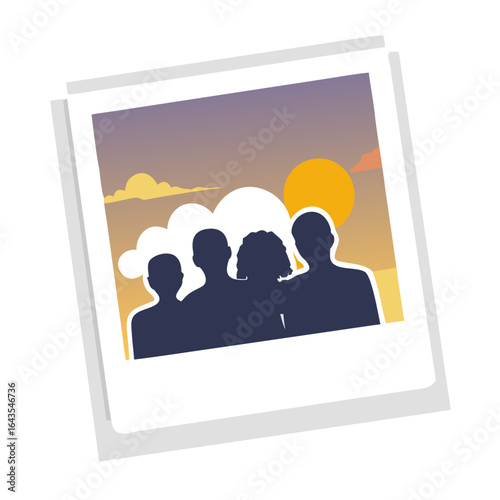 A silhouette of a diverse group of people captured in a vintage instant photograph against a warm sunset sky with clouds and a bright sun