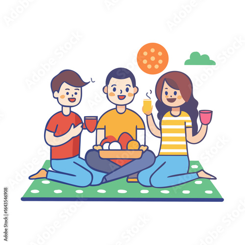 Three friends enjoying a picnic together under the full moon sharing drinks and a basket of colorful fruits and eggs celebrating a festive outdoor gathering