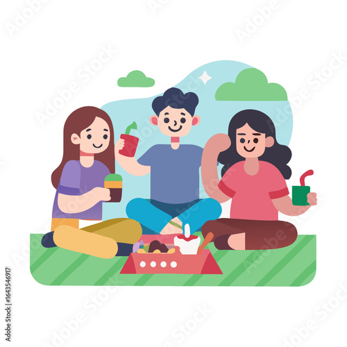 Three happy friends enjoying a picnic together on a sunny day with drinks and snacks in a park setting with green grass and blue sky